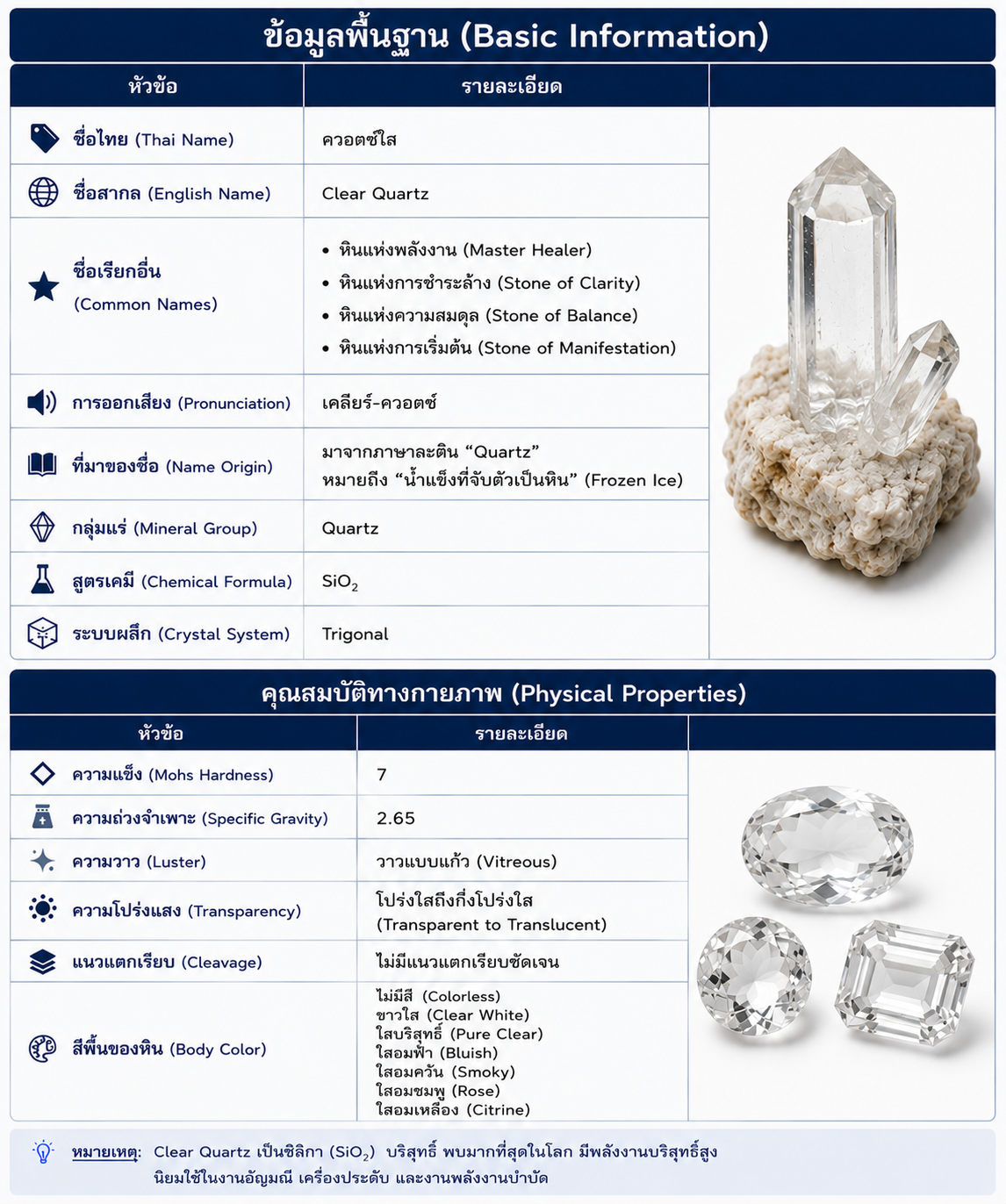 Clear Quartz หรือ เคลียร์ควอตซ์ หินควอตซ์ใสธรรมชาติ แสดงข้อมูลพื้นฐาน สูตรเคมี คุณสมบัติทางกายภาพ ความแข็ง สี และระบบผลึก