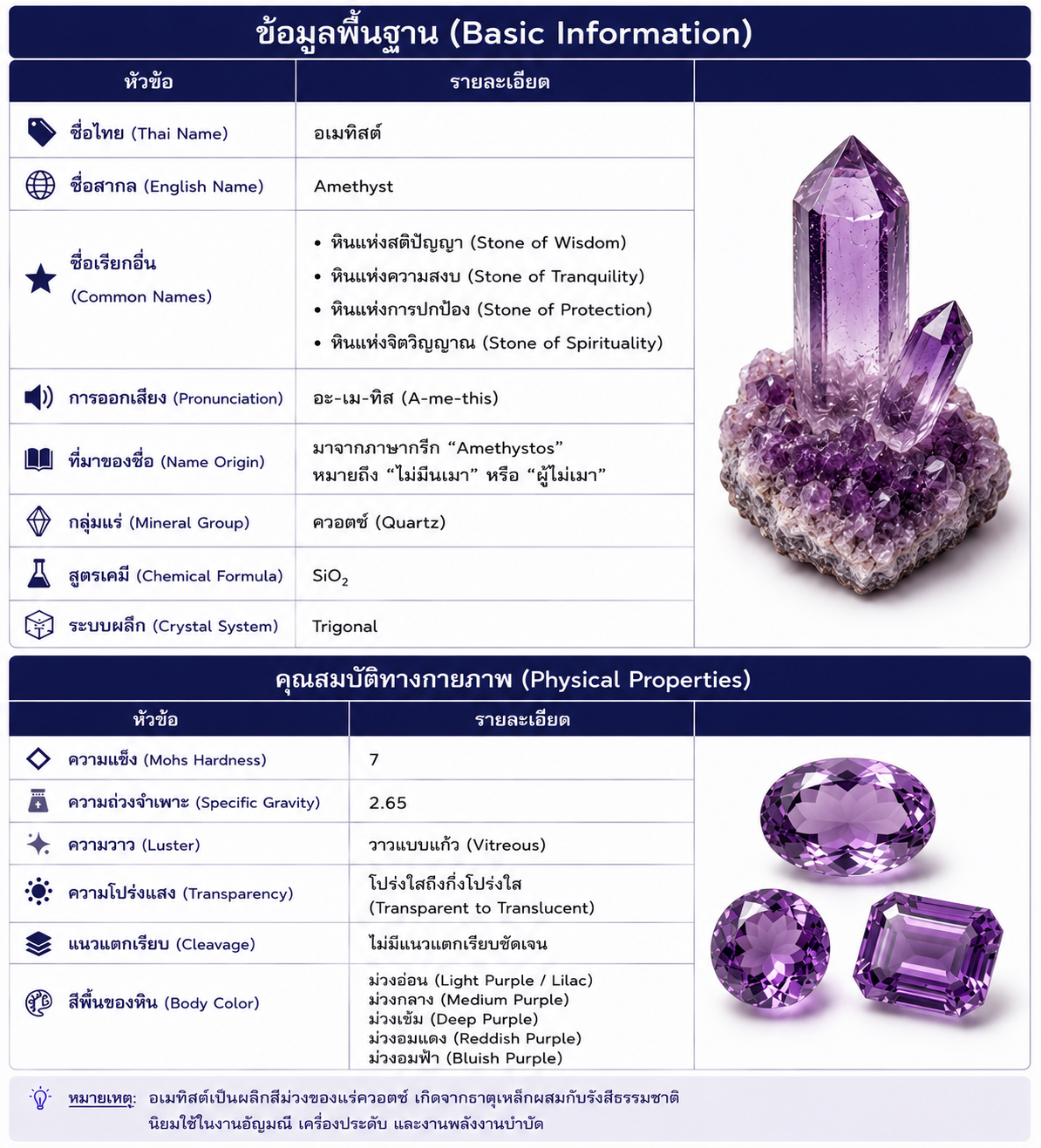 Amethyst (อเมทิสต์) | ข้อมูลพื้นฐานและคุณสมบัติทางกายภาพ | SiO₂ Stone