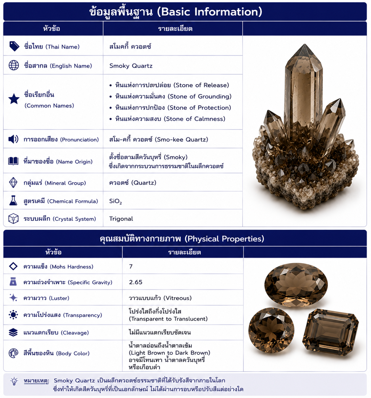 Smoky Quartz หรือ สโมกกี้ควอตซ์ หินควอตซ์สีน้ำตาลควันธรรมชาติ แสดงข้อมูลพื้นฐาน สูตรเคมี คุณสมบัติทางกายภาพ ความแข็ง สี ความโปร่งแสง และระบบผลึก