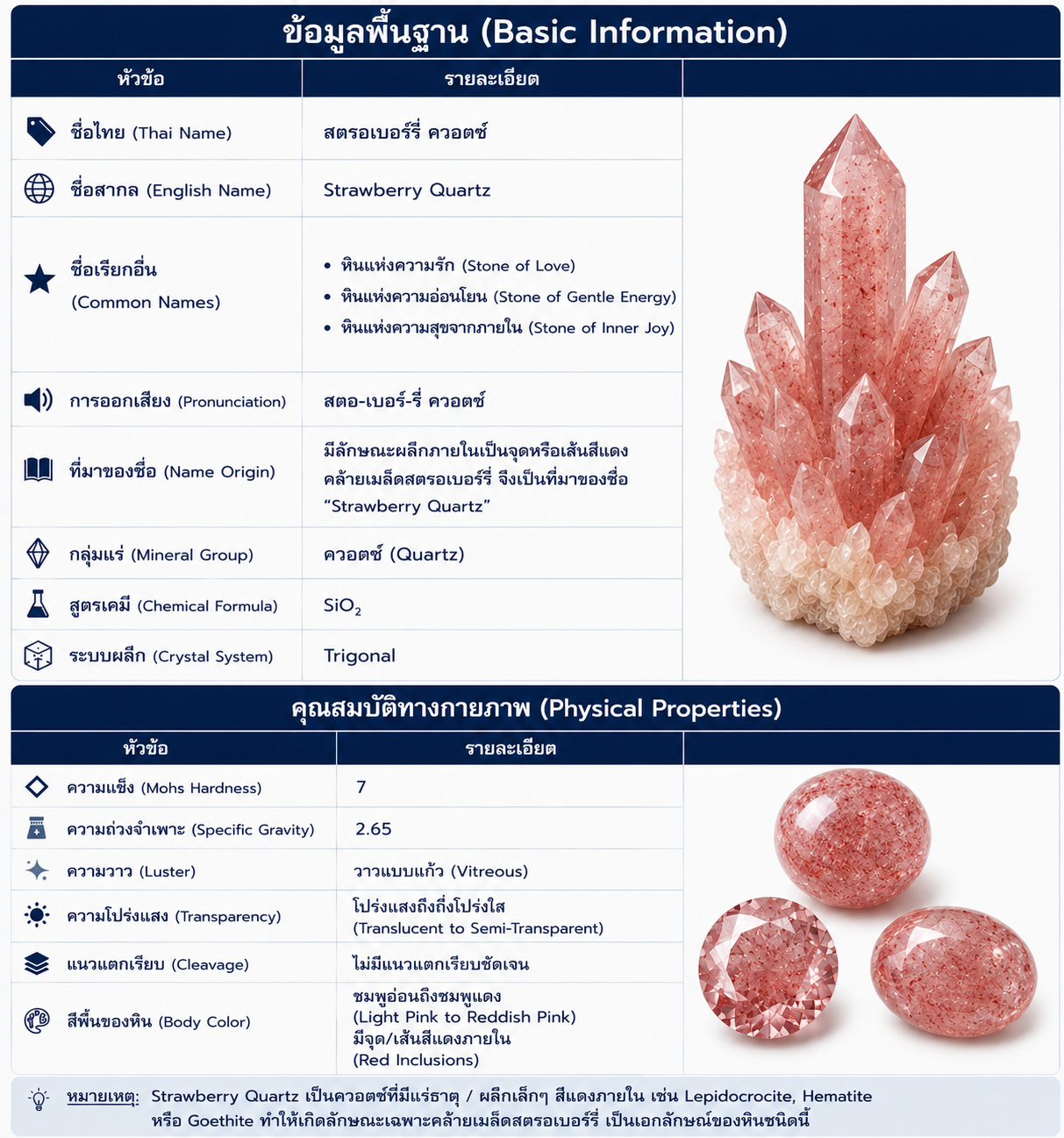 Strawberry Quartz หรือ สตรอว์เบอร์รีควอตซ์ หินควอตซ์สีชมพูอมแดงธรรมชาติ แสดงข้อมูลพื้นฐาน สูตรเคมี คุณสมบัติทางกายภาพ ความแข็ง สี ความโปร่งแสง และระบบผลึก