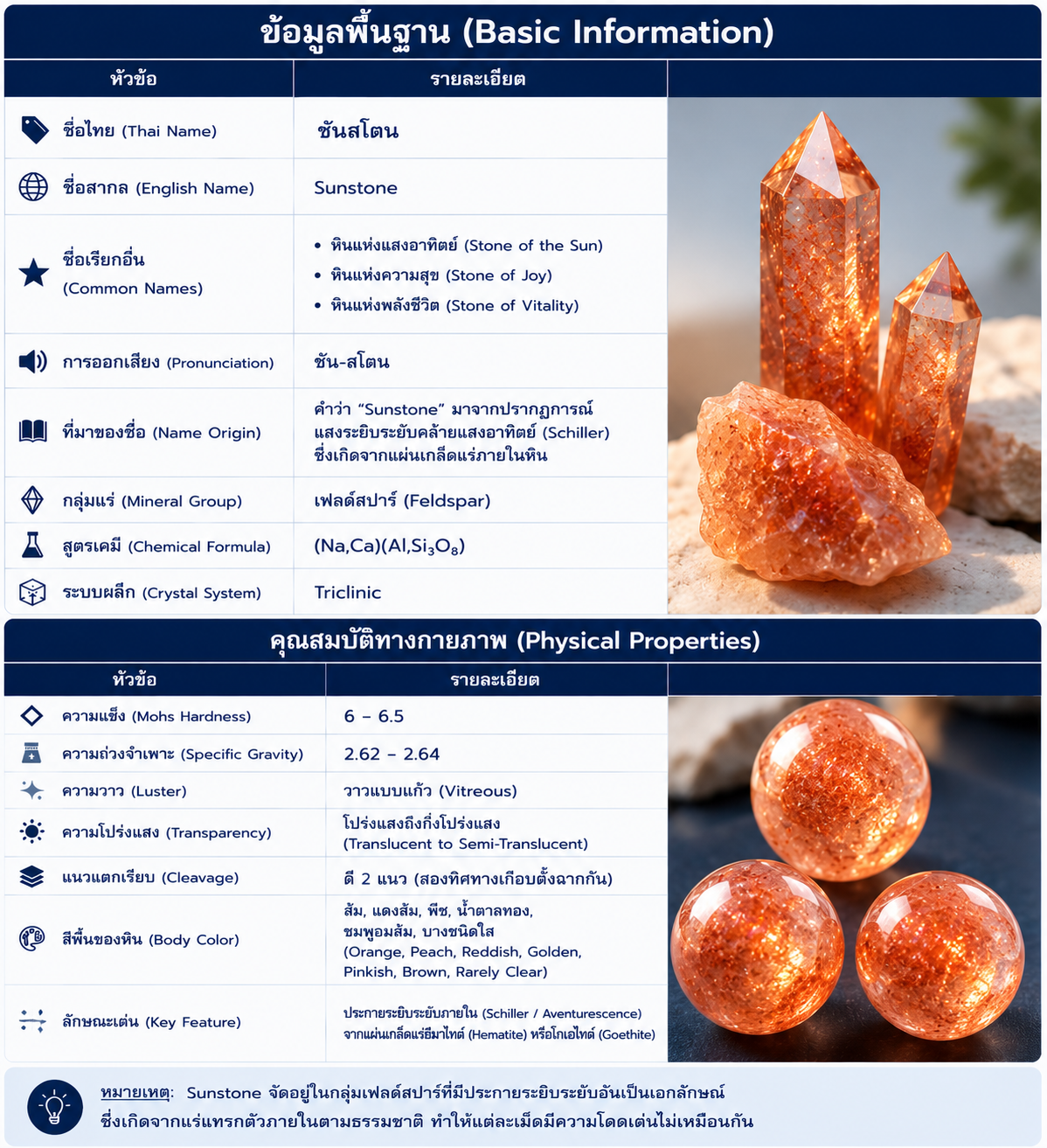 Sunstone หรือ ซันสโตน หินเฟลด์สปาร์ธรรมชาติ แสดงข้อมูลพื้นฐาน สูตรเคมี คุณสมบัติทางกายภาพ ความแข็ง สี ความโปร่งแสง และระบบผลึก